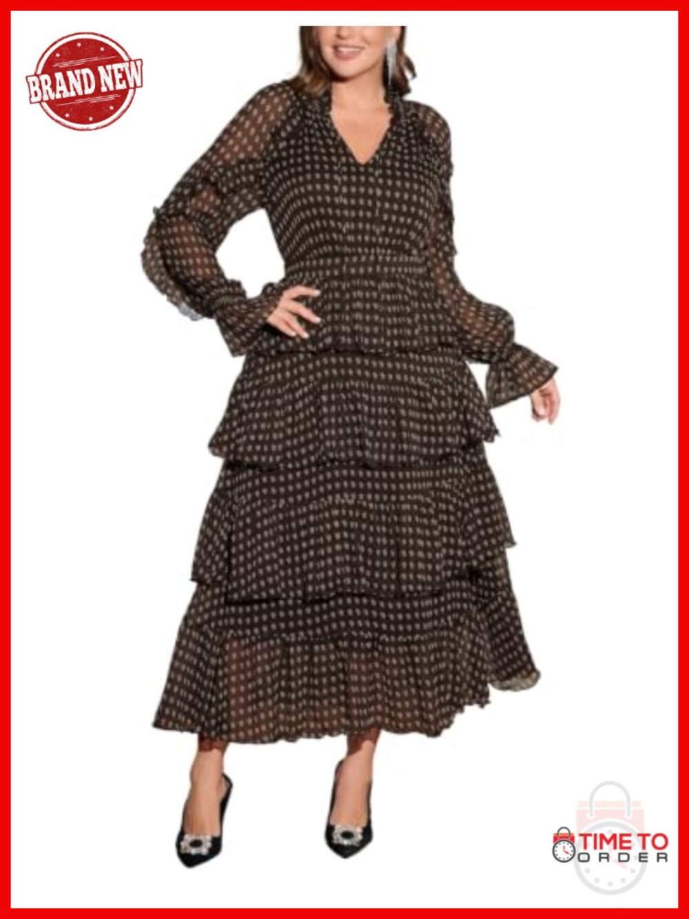 Plus Size Tiered Ruffle Chiffon Long Sleeve Formal Dress